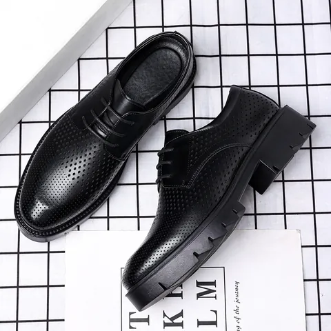Chaussures Richelieu en Cuir pour Hommes Style Britannique Chaussures de Ville Respirantes à Hauteur Croissante Noir