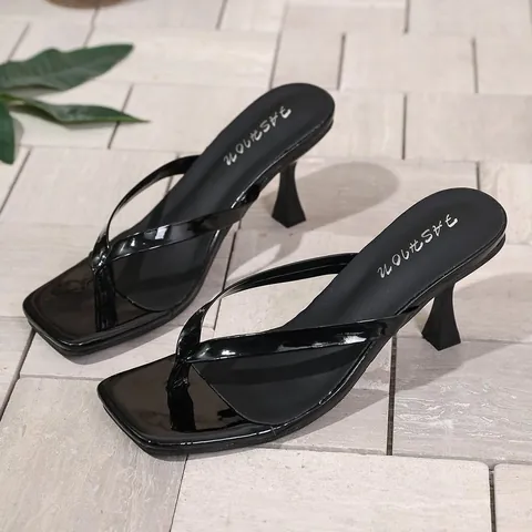 Women High Heel Flip Flops Square Toe Stiletto Thong Sandals Faux Suede Upper Rubber Sole Fashion Dress Shoes