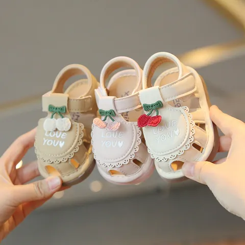 Baby Girls Squeaky Sandals Closed Toe Soft Sole Cherry Embroidery Princess Summer Walking Shoes For Toddlers Infants