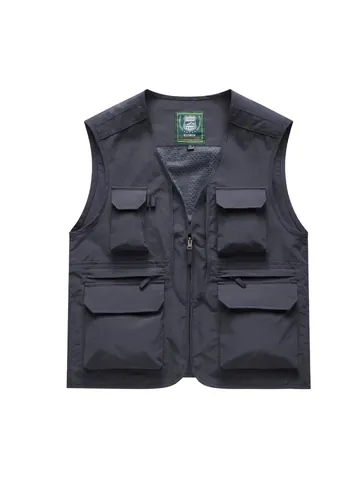 Men's Multi-Pocket Utility Vest Lightweight Nylon Fishing Photography Waistcoat V-Neck Outdoor Casual Sleeveless Jacket