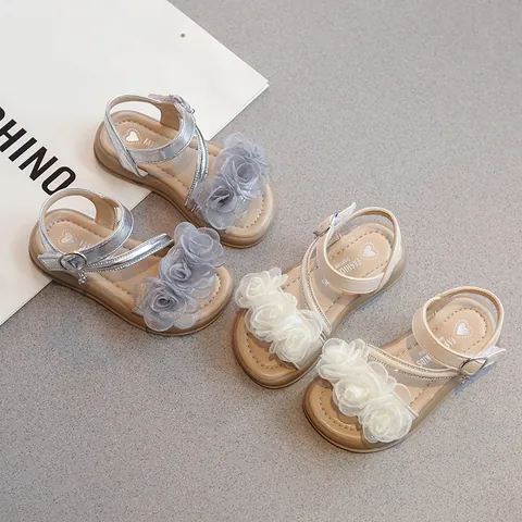 Girls Princess Sandals 2026 Summer New Toddler Kids Beach Shoes Soft Sole Beige Silver Mesh Flower Rhinestone Sandals For Party