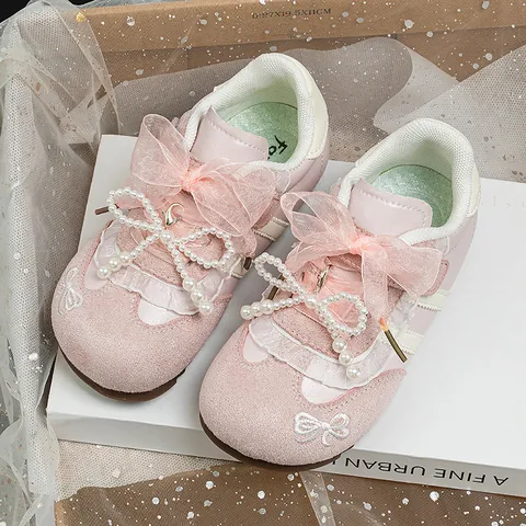 Girls Fashion Sneakers With Bow Pearl Decor Korean Style German Trainer Board Shoes Breathable Soft Sole Toddler Casual Shoes