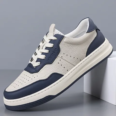 Men's Genuine Leather Sneakers Breathable Perforated Thick Sole Casual Sports Shoes Contrast Color Non-slip Fashion Board Shoes