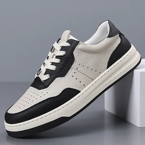 Men's Genuine Leather Sneakers Breathable Perforated Thick Sole Casual Sports Shoes Contrast Color Non-slip Fashion Board Shoes