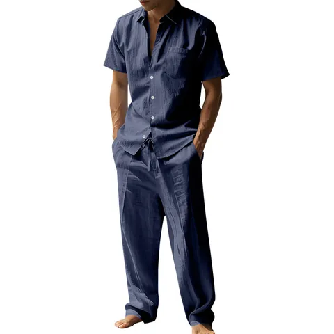 Men Summer Linen Casual Top And Bottom Short Sleeve Lapel Shirt And Drawstring Long Pants Vacation Beach Fashion Outfit
