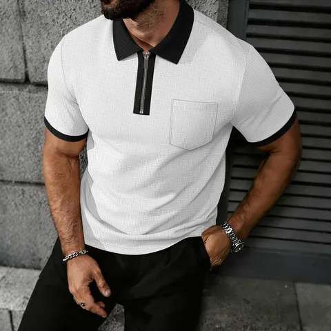 Men Casual Polyester Waffle Polo Shirt Zipper Neck Short Sleeve Top Contrast Collar With Chest Pocket Fashion Leisure Shirt