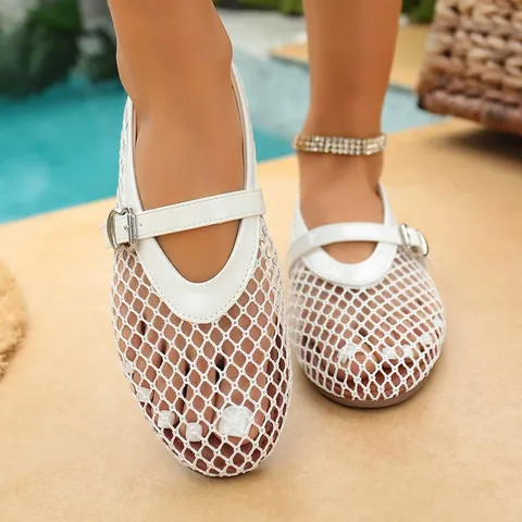 Verano Nuevos Zapatos de Ballet de Punta Redonda de Malla Hueca Moda Plana Mary Jane Zapatos Bajos para Mujer Casual Transpirable