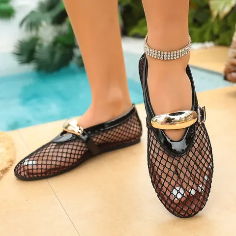 Sandalias Planas de Malla para Mujer Hebilla de Metal Punta Redonda Transpirables Mary Jane Bailarinas Zapatos de Playa Casual