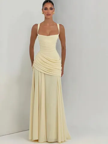 Donna Poliestere Elastan Scollo Quadrato Senza Maniche Arricciato Maxi Vestito Vita Alta Vestibilità Aderente Tinta Unita Sexy