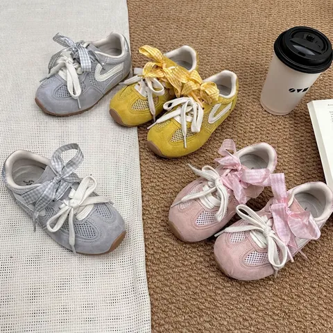 Girls Bow Sneakers German Trainer Style Mesh Breathable Soft Sole Non-Slip Casual Running Shoes For Kids School Outdoor