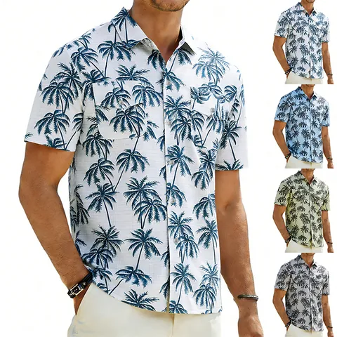 Men's Hawaiian Short Sleeve Shirt Casual Coconut Tree Print Loose Fit Lapel Slub Linen-Look Beach Tropical Button Down Top