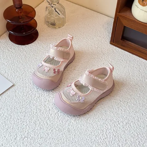 Sandales de Sport d'Été pour Filles Doux Nœud Brodé Semelle Souple Maille Respirante Chaussures pour Petites Filles Rose Blanc