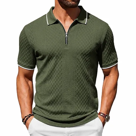 Men's Vintage Jacquard Polo Shirt Short Sleeve Zipper Lapel Contrast Stripe Heavyweight Casual Knitted Top For Summer