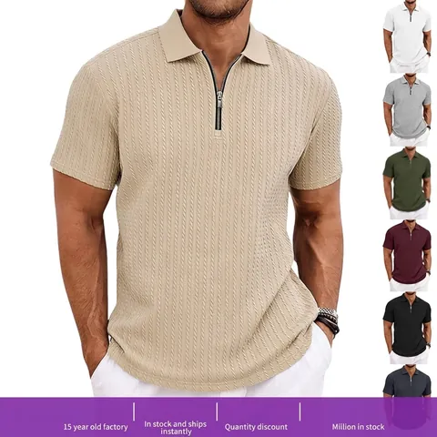 Men's Casual Knitted Polo Shirt Short Sleeve Vertical Texture Zipper Neck Fashion Top Summer Breathable Clothing For Daily