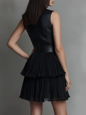 Women Sexy Sleeveless PU Leather Patchwork Mini Dress Elegant Double Layer Pleated Ruffle Hem Bodycon Club Party Outfits