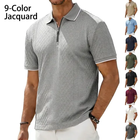 Men's Vintage Jacquard Polo Shirt Short Sleeve Zipper Lapel Contrast Stripe Heavyweight Casual Knitted Top For Summer