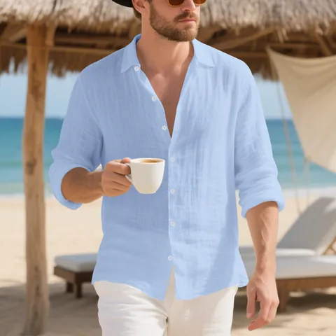 Men's Casual Linen Polyester Blend Long Sleeve Shirt American Loose Fit Button Down Lapel Hawaiian Beach Style Plain Top