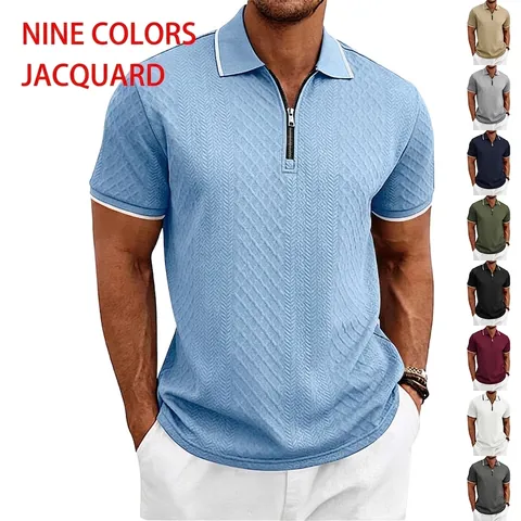 Men's American Vintage Heavyweight Textured Polo Shirt Loose Zip Neck Short Sleeve Jacquard Top With Contrasting Stripes
