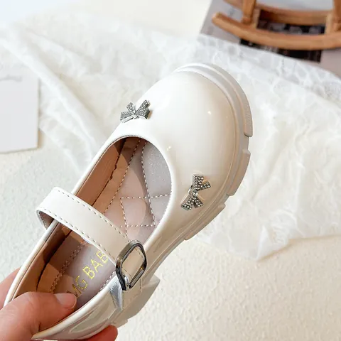 Girls Retro Thick Sole Mary Jane Shoes Patent Leather Rhinestone Bow French Style Princess Shoes For Children