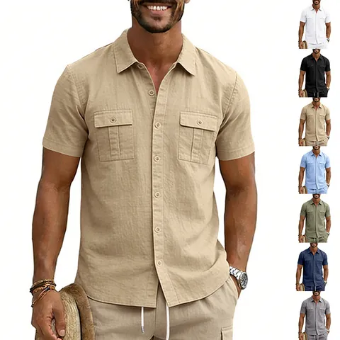 Men's Summer Breathable Linen Cargo Shirt Casual Short Sleeve Turn-down Collar Button Down Top With Multi Pockets Outdoor Fashion