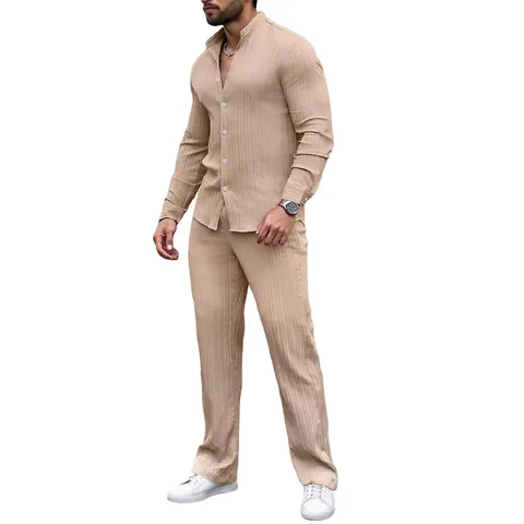 Men's Casual Pleated Striped Suit Long Sleeve Henley Neck Shirt And Pants Top And Bottom Set Outfits For Men Daily Wear