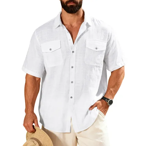 Men Short Sleeve Shirt Summer Loose Solid Color Multi Pocket American Workwear Faux Linen Lapel Casual Cargo Top For Men