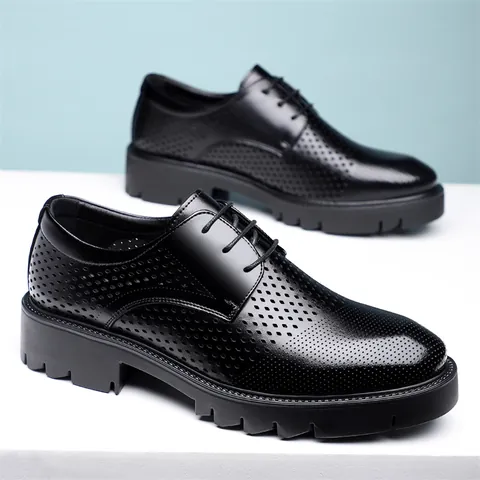 Scarpe Classiche da Uomo Business Eleganti Traspiranti Traforate in Cuoio Rigenerato con Rialzo Interno Oxford Stringate Stile Britannico