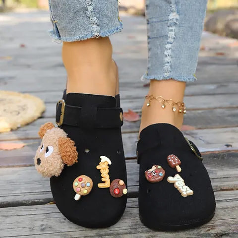 Women Retro Faux Suede Platform Mules Cartoon Dog Accessories Metal Buckle Round Toe Height Increasing Clogs Outdoor Casual Slippers