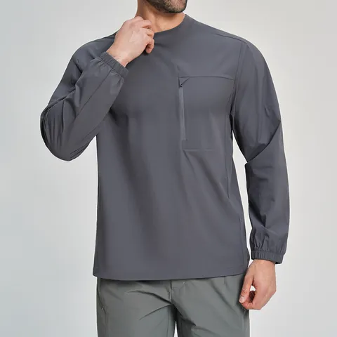 Haut de Sport à Manches Longues pour Hommes en Nylon Recyclé Séchage Rapide T-Shirt Outdoor Randonnée Gym Avec Poche Zippée