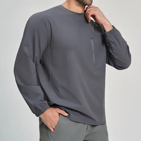 Haut de Sport à Manches Longues pour Hommes en Nylon Recyclé Séchage Rapide T-Shirt Outdoor Randonnée Gym Avec Poche Zippée