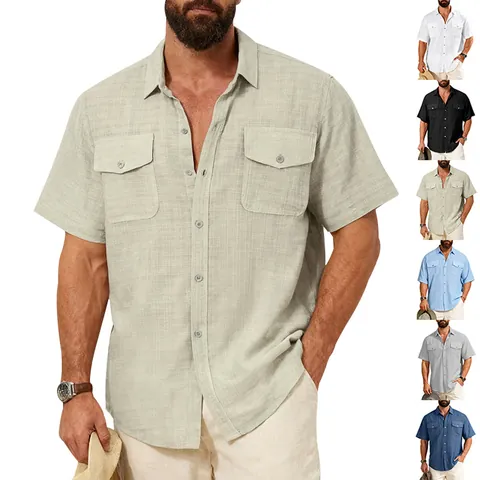 Men Short Sleeve Shirt Summer Loose Solid Color Multi Pocket American Workwear Faux Linen Lapel Casual Cargo Top For Men