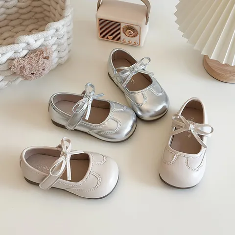 Chaussures Mary Jane pour Filles Nœud Semelle Souple Ballerines Princesse Argent Beige Cuir Synthétique Bébé Mariage