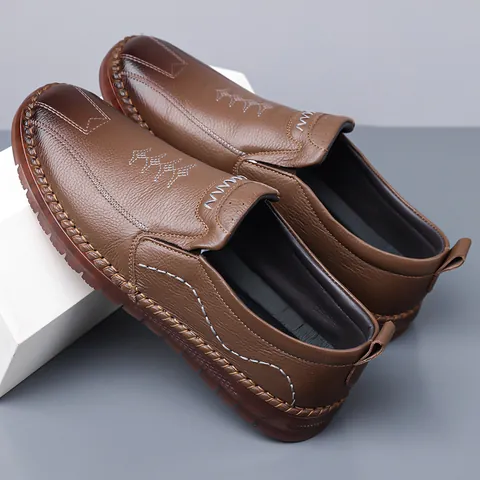 Mocasines de Cuero de Vaca de Primera Capa para Hombre Zapatos de Negocios Casuales Sin Cordones Transpirables Suela Blanda Zapatos Planos para Oficina Comodidad Diaria