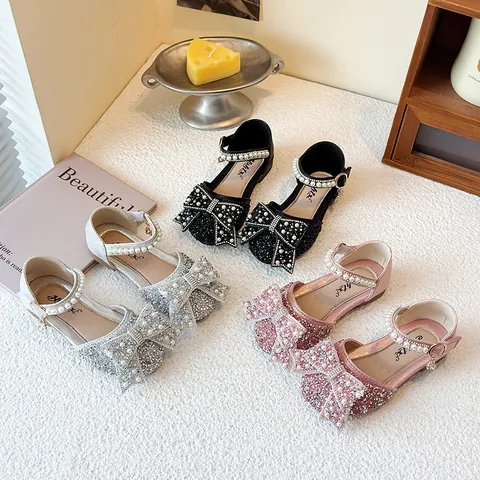 Girl's Princess Sandals Crystal Shoes Sequins Bowtie Artificial Pearl Rhinestone Soft Sole Closed Toe Wedding Party Dress Shoes