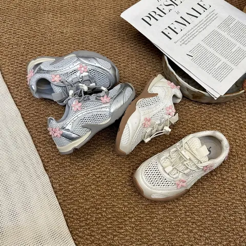 Kids Girls Breathable Mesh Sports Sneakers Sweet Floral Lightweight Casual Walking Shoes For School Silver White Rubber Sole