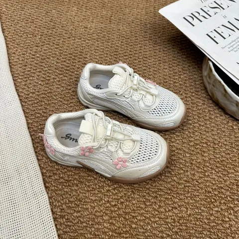 Kids Girls Breathable Mesh Sports Sneakers Sweet Floral Lightweight Casual Walking Shoes For School Silver White Rubber Sole