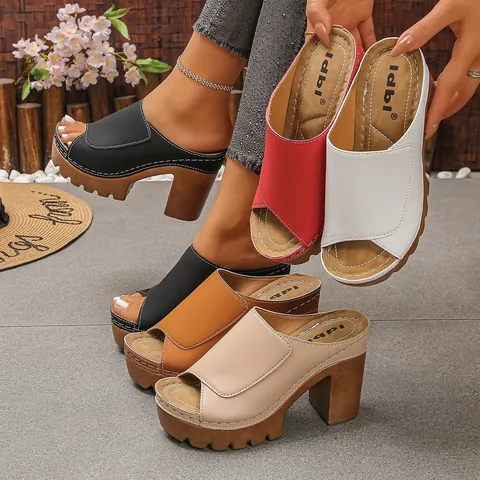 Women Summer Chunky Platform Sandals Peep Toe Fish Mouth Slides Wood Grain Sole Non-Slip High Heel Beach Casual Fashion Shoes