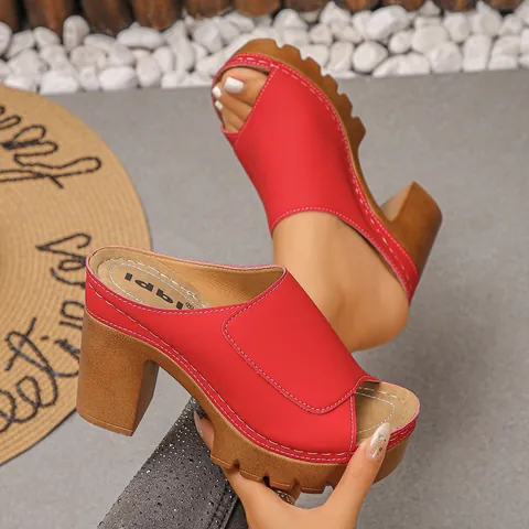 Women Summer Chunky Platform Sandals Peep Toe Fish Mouth Slides Wood Grain Sole Non-Slip High Heel Beach Casual Fashion Shoes