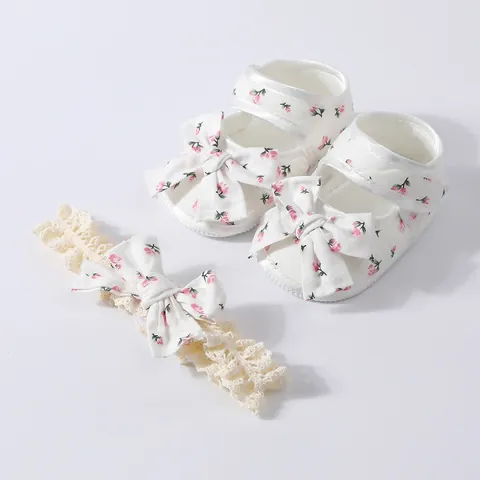 Floral Baby Girl Shoes And Headband Princess Soft Sole Pre-walker Infant Toddler Dress Shoes For Wedding Baptism Party