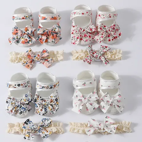 Floral Baby Girl Shoes And Headband Princess Soft Sole Pre-walker Infant Toddler Dress Shoes For Wedding Baptism Party