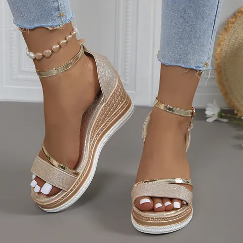Women Rhinestone Wedge Sandals Peep Toe Platform Ankle Strap High Heels Patent Leather Summer Fashion Dress Shoes