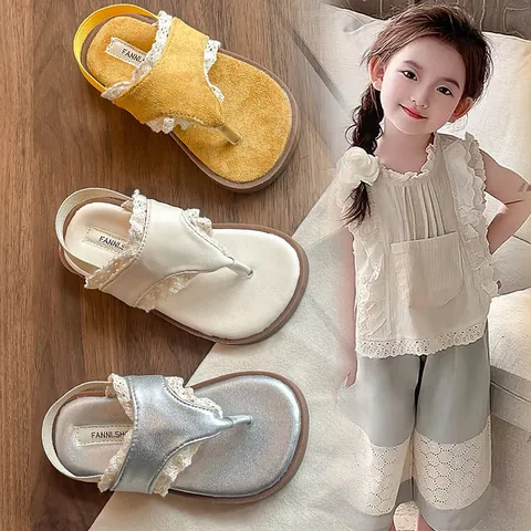 Girls Elegant Lace Flip Flops Elegant Metallic Patent Leather Soft Sole Sandals Summer Beach Vacation Chic Shoes For Children