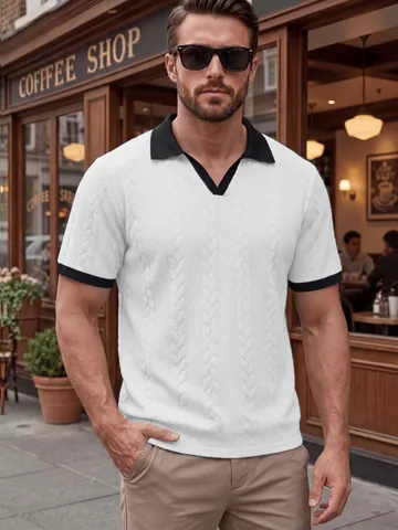 Men Business Casual Short Sleeve Polo Shirt Jacquard Cable Knit Texture Contrast Lapel Patchwork Polyester Top