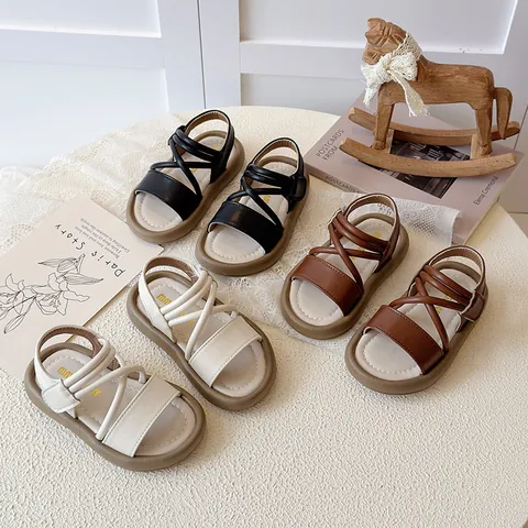 Girls Roman Sandals Soft Sole Non-Slip PU Leather Beach Shoes Kids Princess Fashion Cross Strap Sandals For Summer