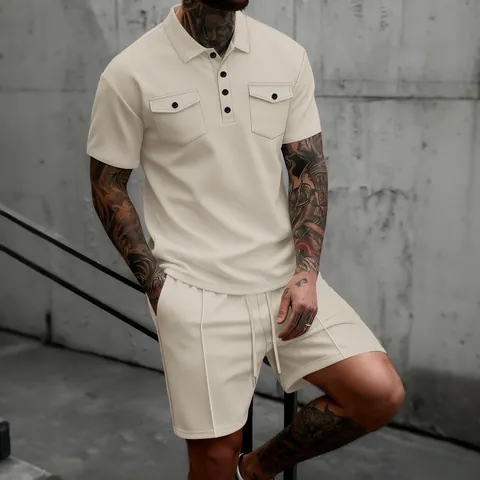 Men's Waffle Knit Casual Polo Shirt And Shorts Top And Bottom Summer Fashion Solid Color Short Sleeve Outfit
