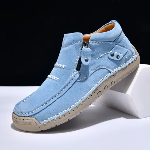 Women's Fashion Plus Size High-Top Casual Shoes Outdoor Slip-On Flat Handmade PU Leather Shoes With Side Zipper Rubber Sole