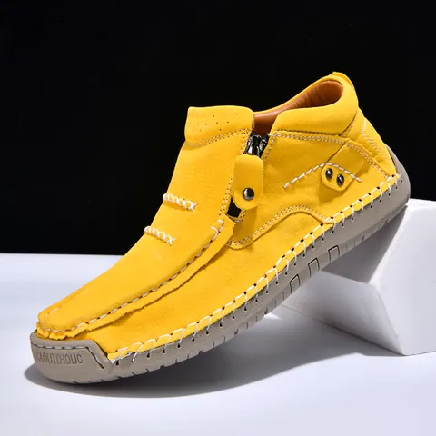 Women's Fashion Plus Size High-Top Casual Shoes Outdoor Slip-On Flat Handmade PU Leather Shoes With Side Zipper Rubber Sole