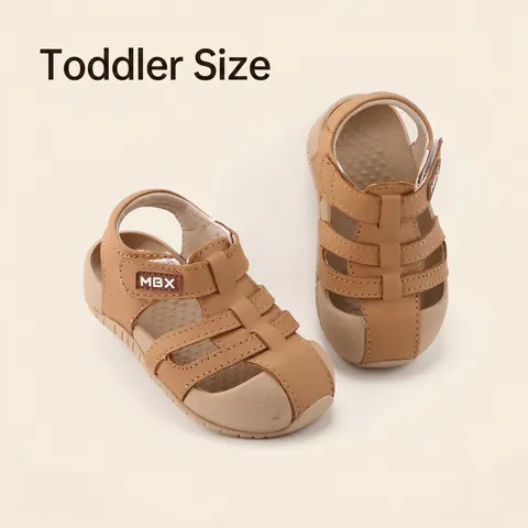 Toddler Baby Closed Toe Cowhide Sandals Hollow Out Roman Shoes For Boys Girls Non-slip Soft Sole Velcro Summer Pre-walker Shoes