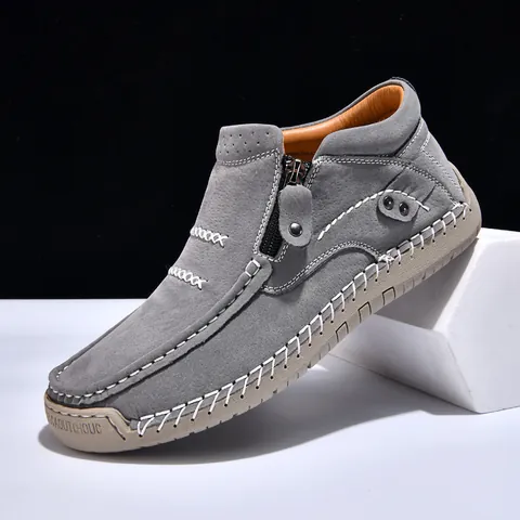 Men's Casual High-top Shoes Side Zipper Microfiber Leather Hand-stitched Slip-on Flat Sneakers For Autumn Outdoor Plus Size