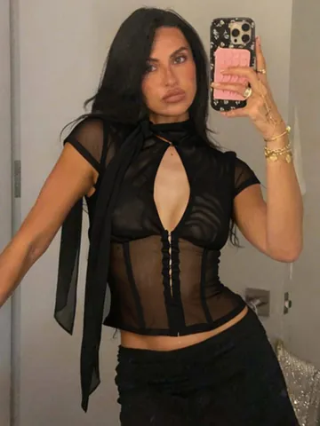 T-shirt da Donna Sexy in Maglia Trasparente a Maniche Corte con Colletto alla Coreana e Apertura a Goccia Top Aderente Nero